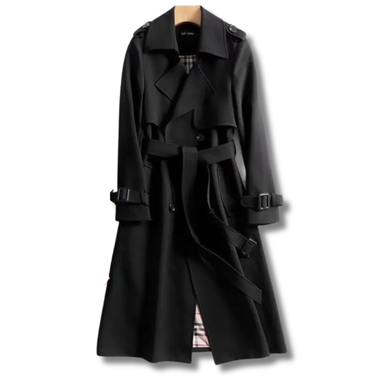 Classic belted long trench coat for women, an elegant and stylish outerwear piece for chilly weather.