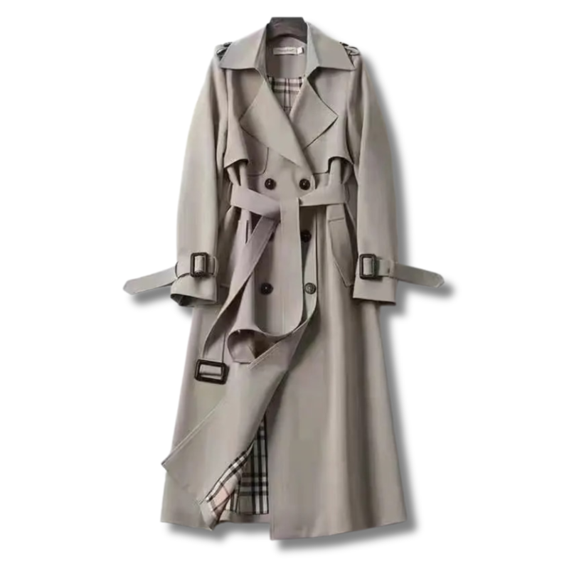 Elegant women's trench coat with belt, a sophisticated and timeless long jacket for fall fashion.