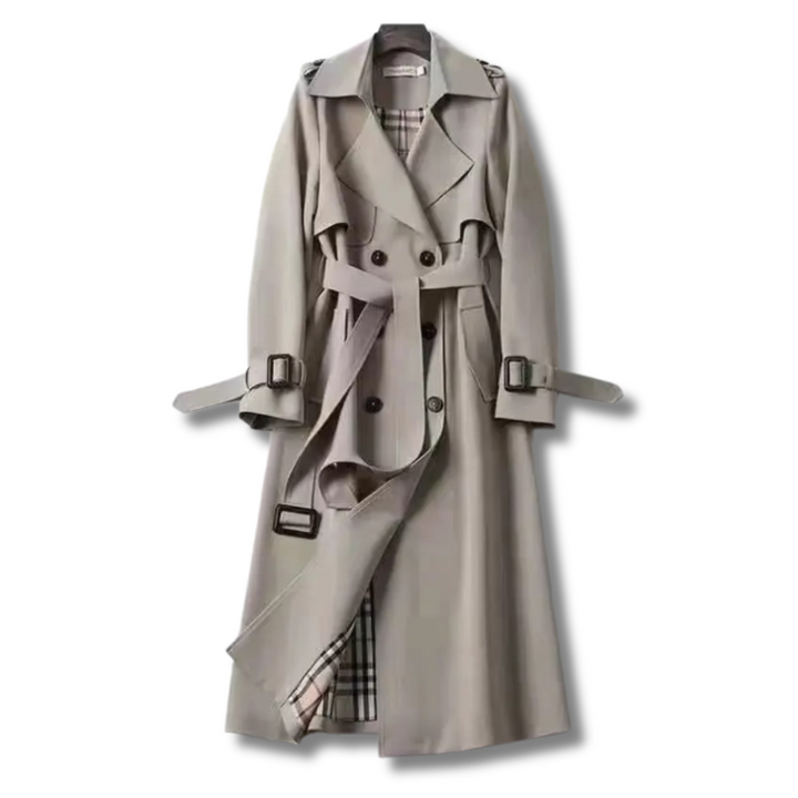 Elegant women's trench coat with belt, a sophisticated and timeless long jacket for fall fashion.
