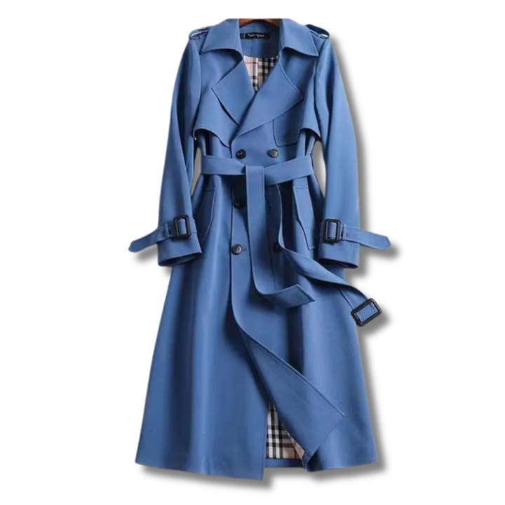 Timeless women's elegant trench coat, featuring a belt, ideal for sophisticated fall and winter outfits.