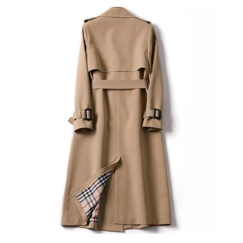 Classic ladies' long trench coat with belt, weather-resistant and elegant for everyday style.