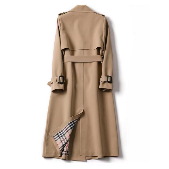 Classic ladies' long trench coat with belt, weather-resistant and elegant for everyday style.