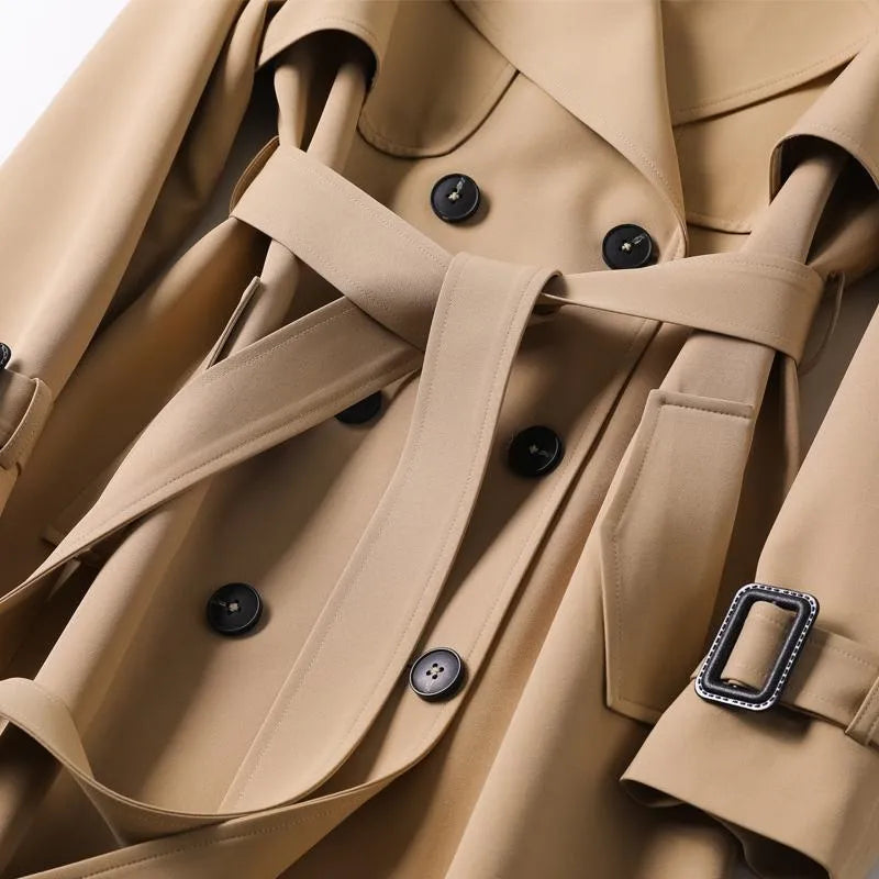 Fall fashion essential: elegant women's belted midi trench coat, perfect for layering outerwear.