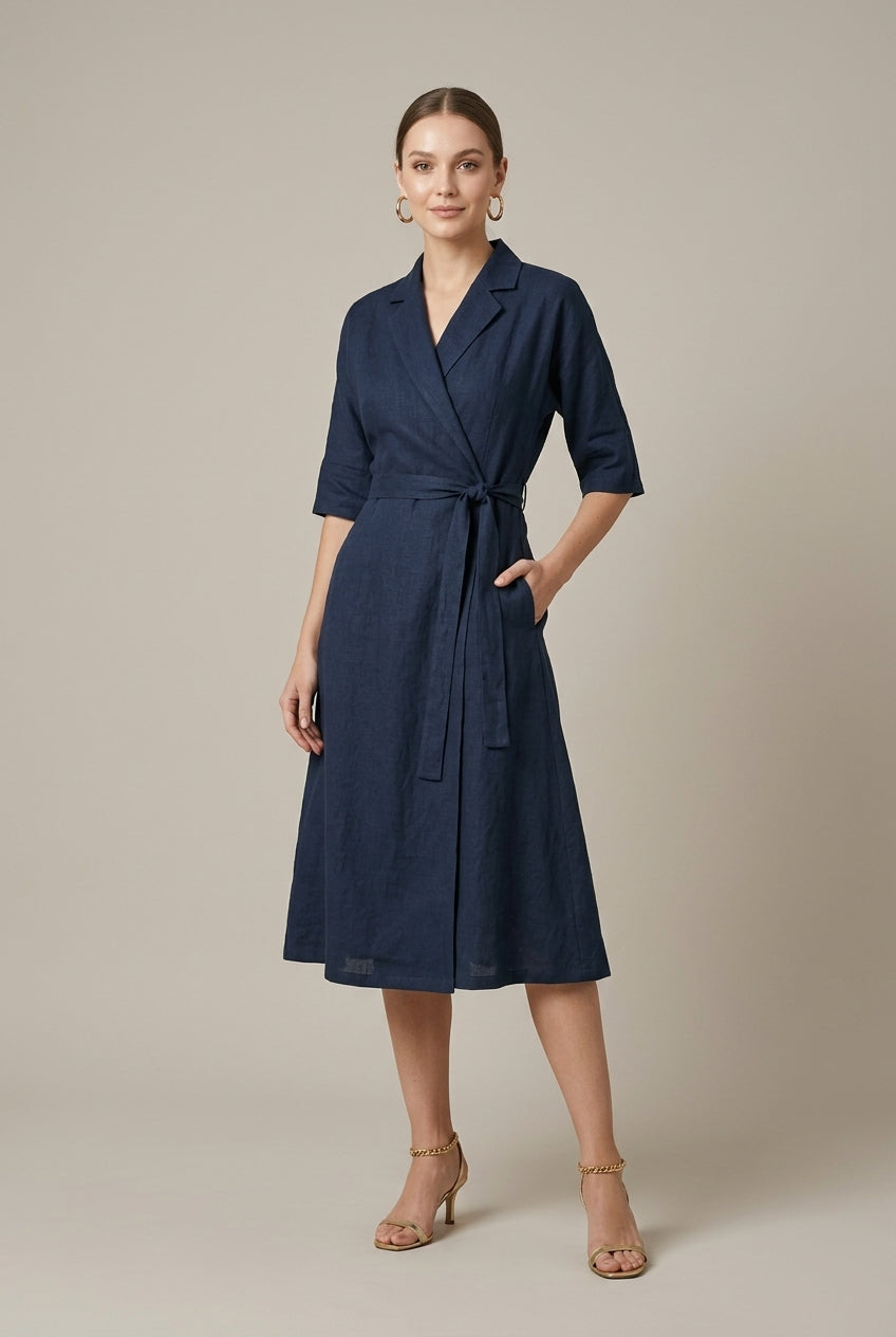 Women's elegant belted wrap midi dress, perfect for workwear or smart casual occasions, offering effortless style.