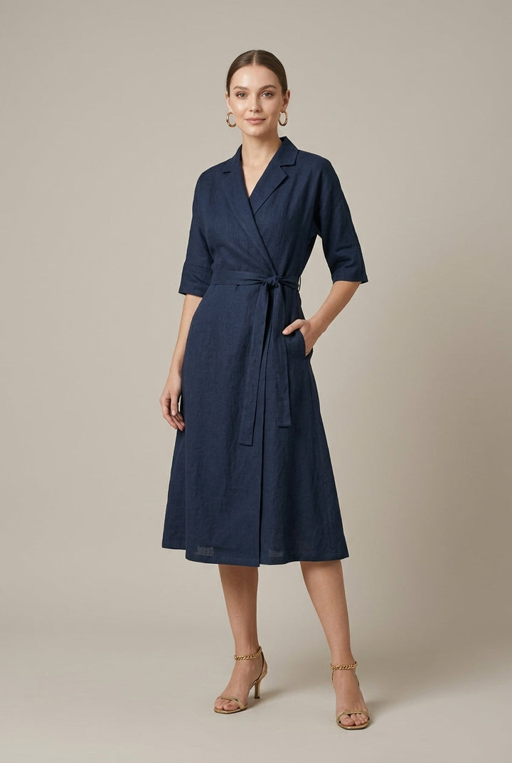 Women's elegant belted wrap midi dress, perfect for workwear or smart casual occasions, offering effortless style.