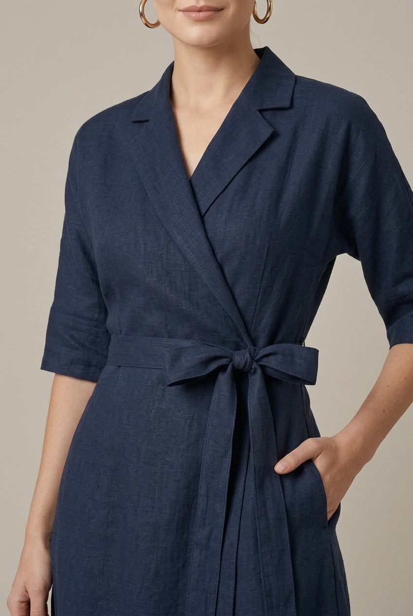 Stylish navy blue belted wrap midi dress for women, a versatile all-season piece for office or relaxed fit.