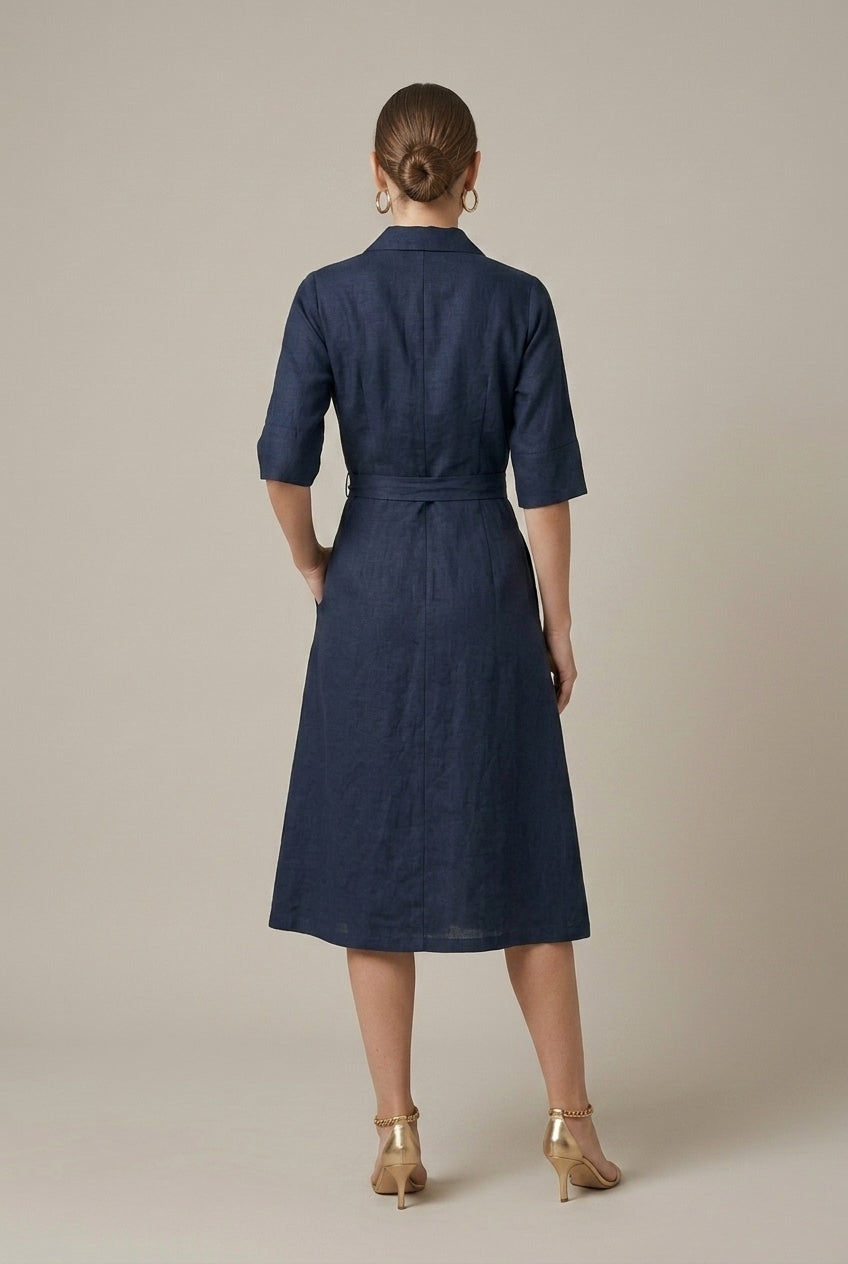 Yellow women's wrap midi dress with belt, offering a relaxed fit and elegant style for any occasion.