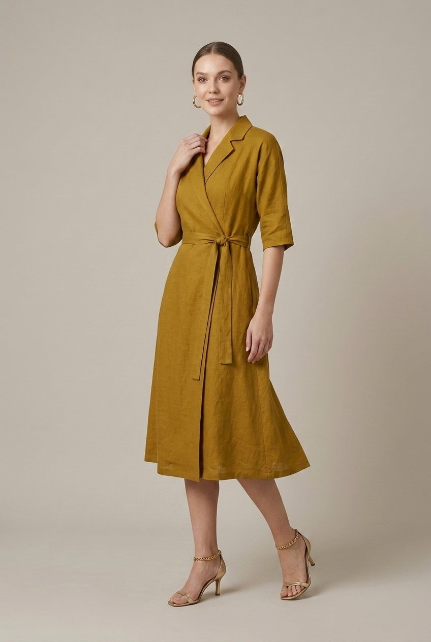 Effortless women's midi wrap dress with belt, ideal for workwear, office, or smart casual elegance.