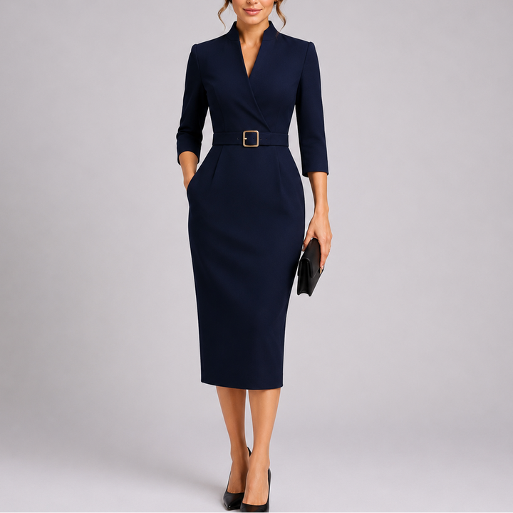 Women's elegant black fitted midi dress with V-neck, long sleeves, and stylish belt. Perfect for office or evening.