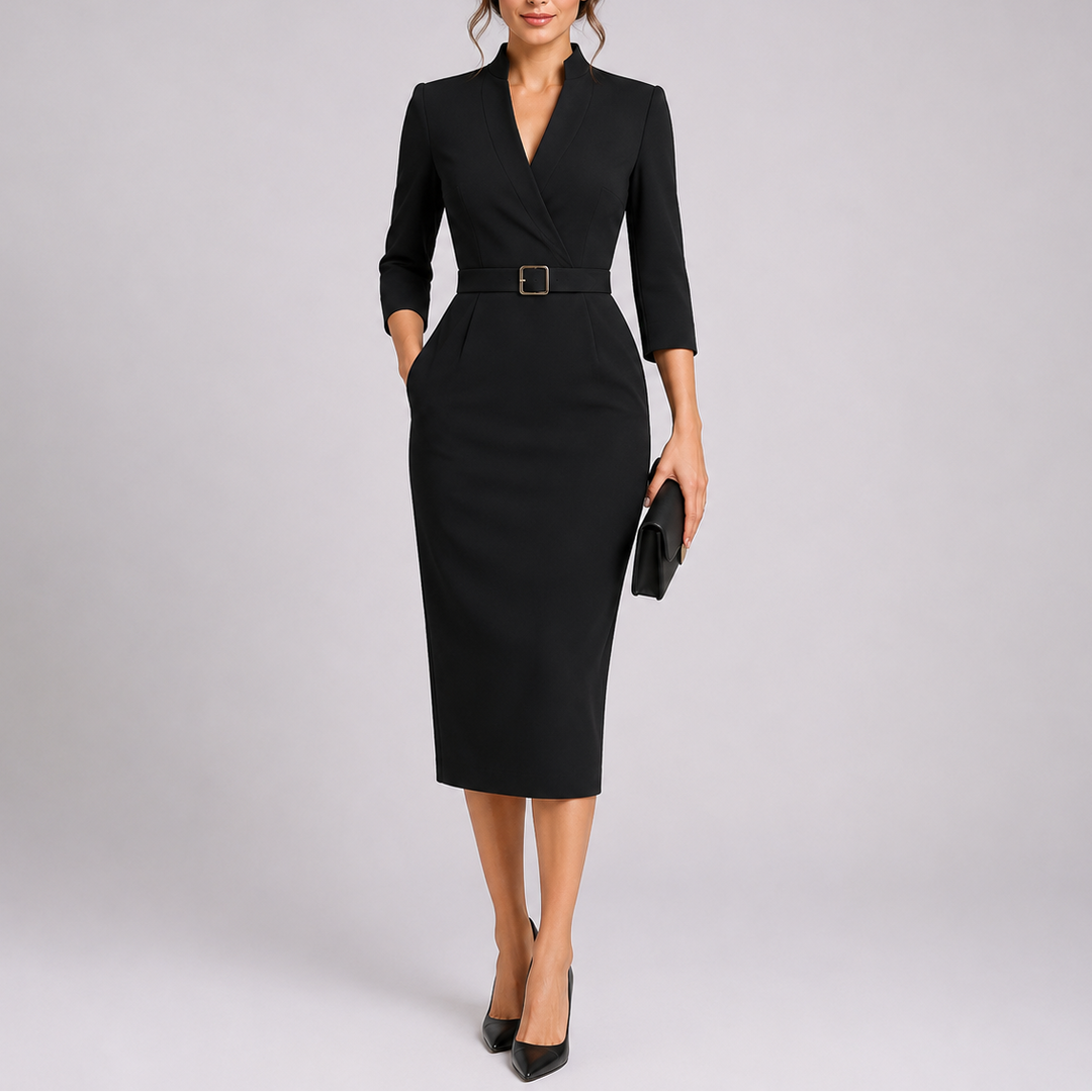 Elegant women's belted midi dress, fitted with long sleeves & V-neck. Versatile for formal, office, or evening wear.