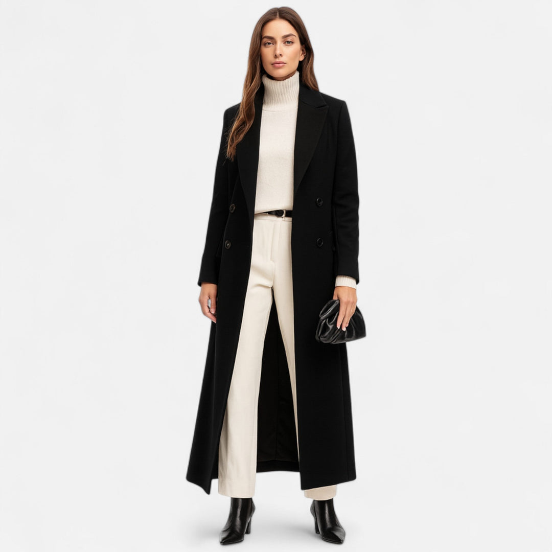 Sophisticated women's black longline coat. Tailored with a classic notch lapel, ideal for elegant fashion & outerwear.