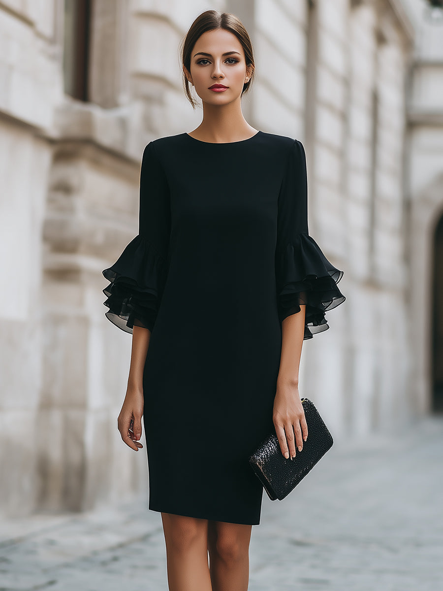 Sophisticated black midi dress for women, featuring elegant ruffled sheer sleeves and a timeless silhouette.