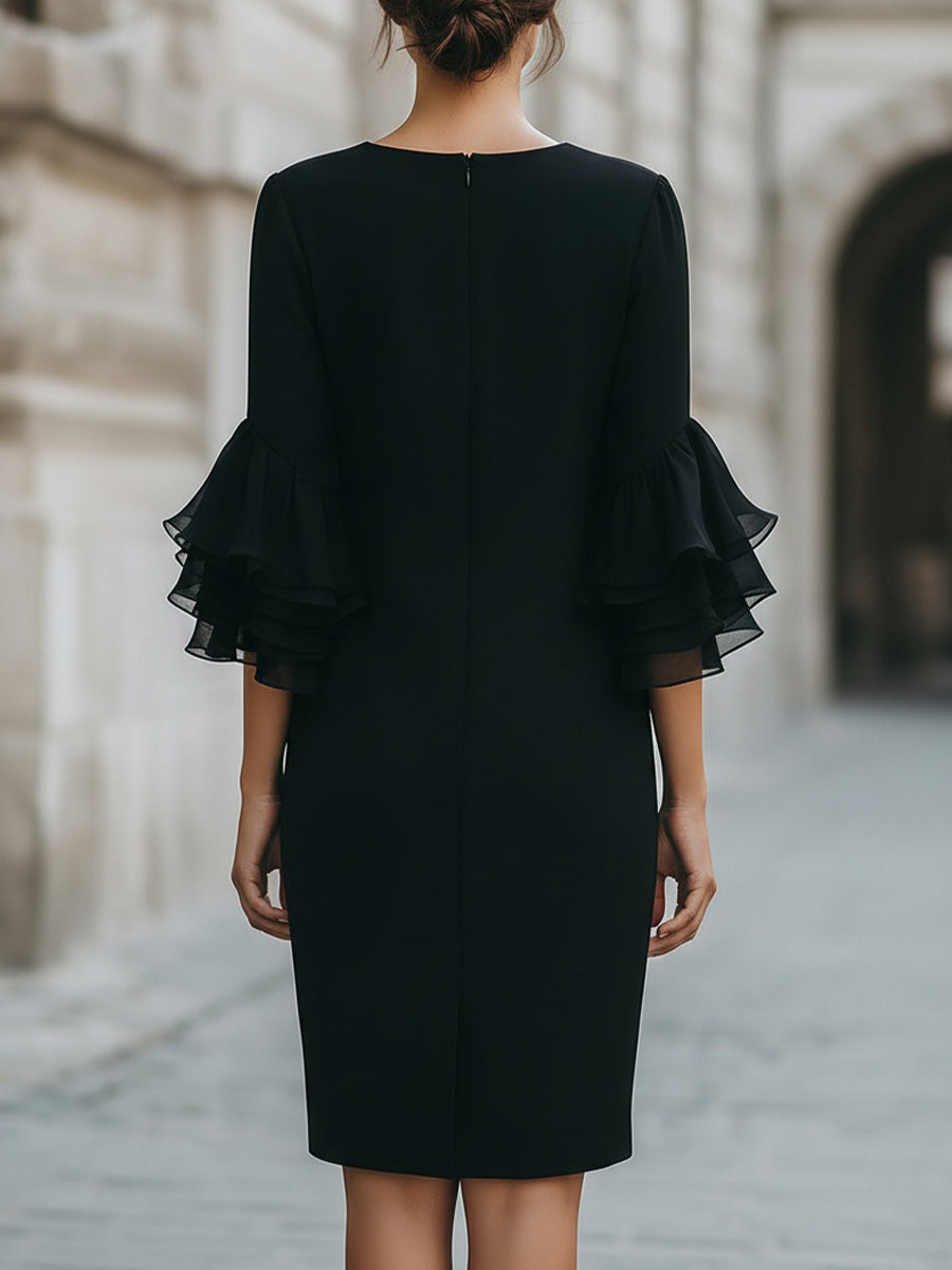 Versatile women's black midi dress with delicate ruffled sheer sleeves, ideal for formal, modest, and occasion wear.