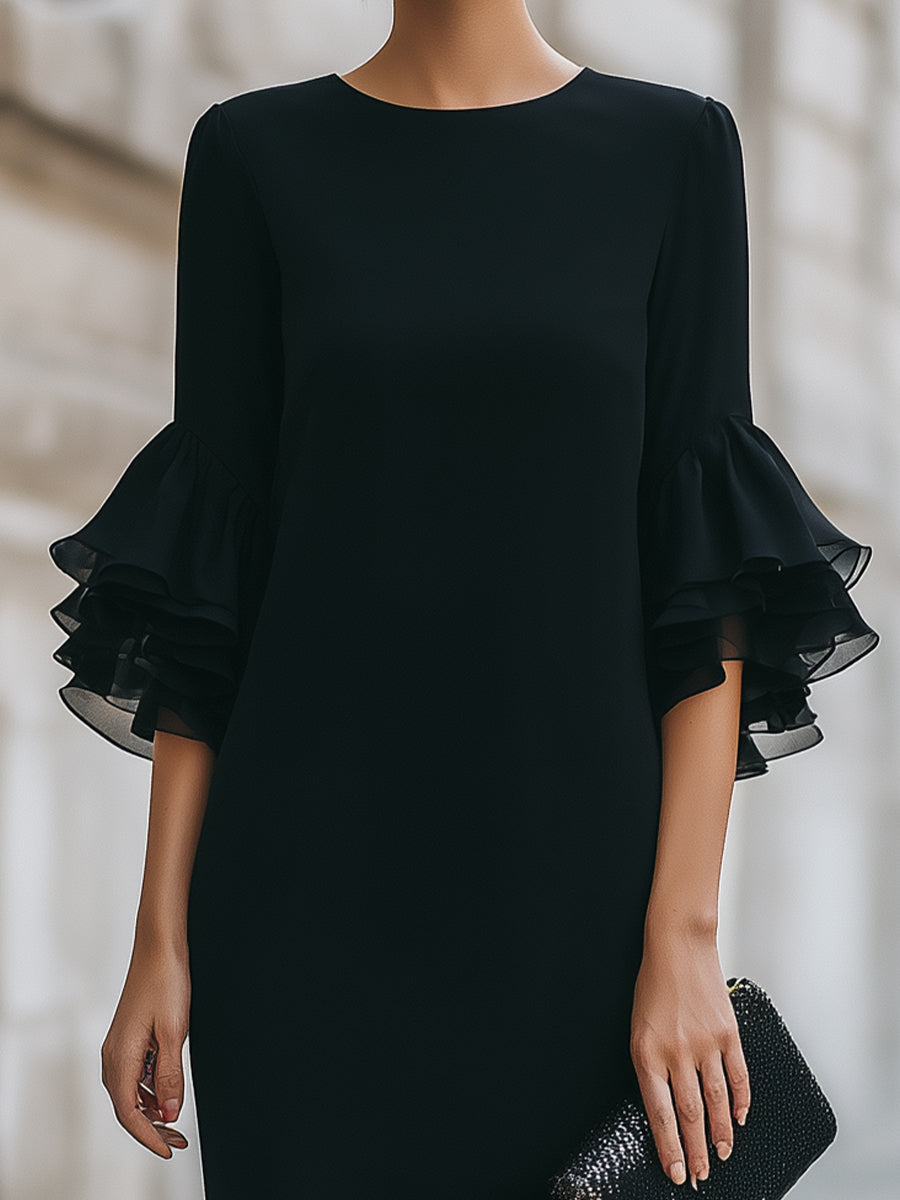 Elegant black midi dress for women, featuring chic ruffled sheer sleeves. Perfect formal attire or modest occasion wear.