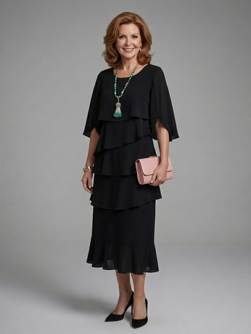 Women's elegant black midi dress with sophisticated layered cape sleeves, perfect for party wear.