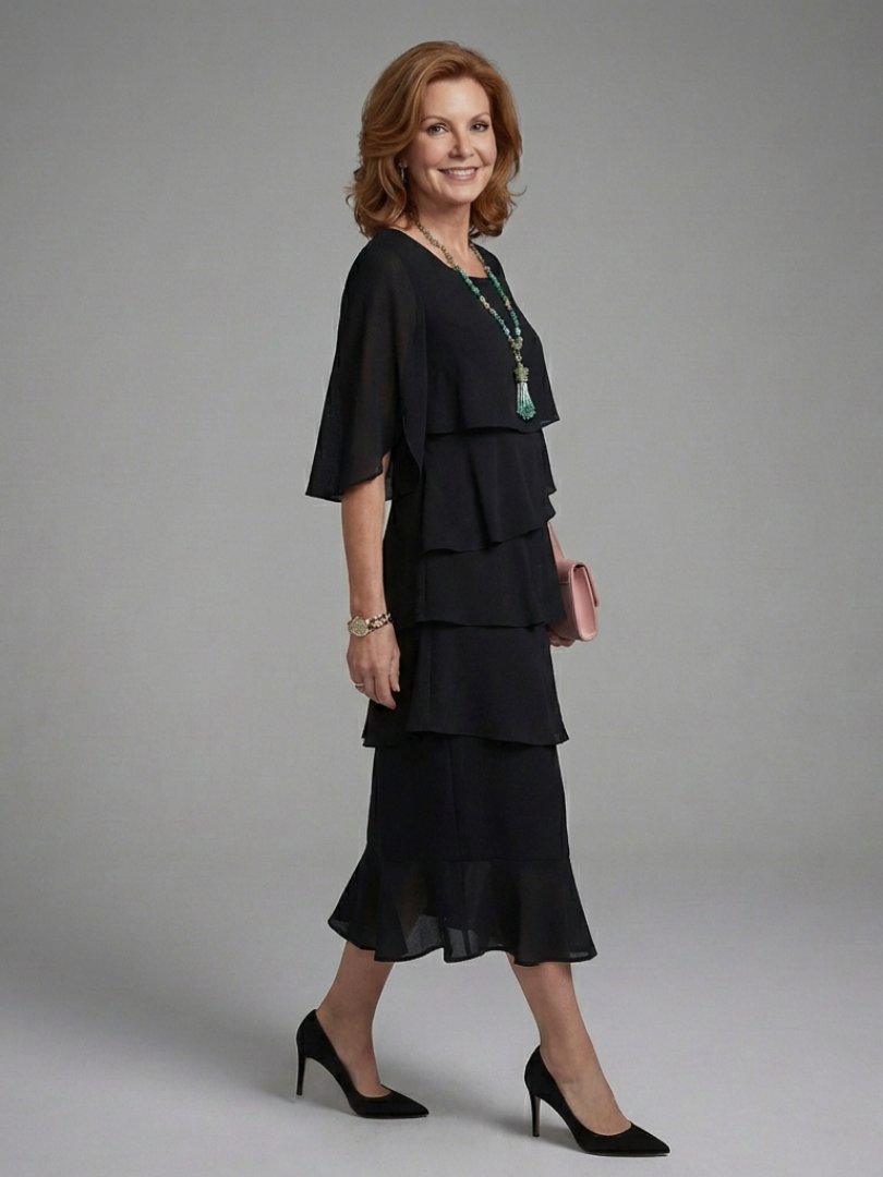 Relaxed fit women's black midi dress, featuring elegant layered cape sleeves for sophisticated casual or party wear.