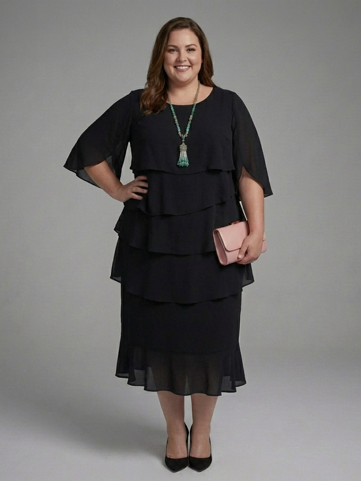 Elegant women's layered black midi dress with unique cape sleeves, ideal for formal events or sophisticated casual outfits.