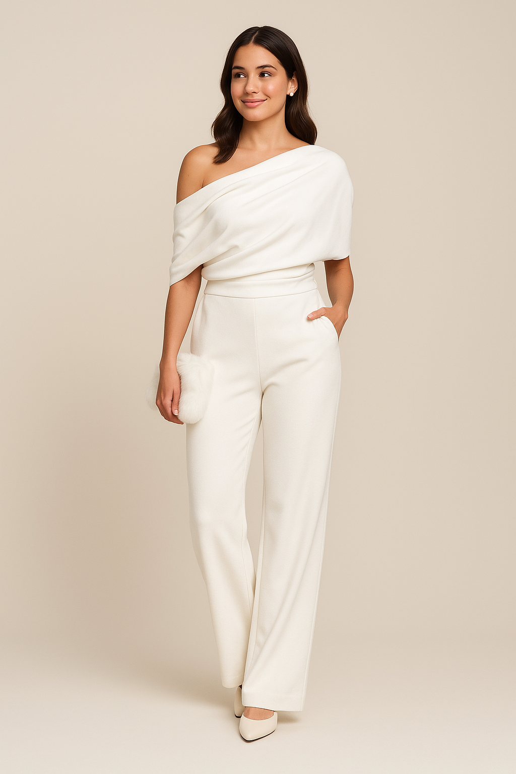 Women's elegant black off-shoulder wide-leg jumpsuit, draped bodice & high waist. Perfect formal evening wear.