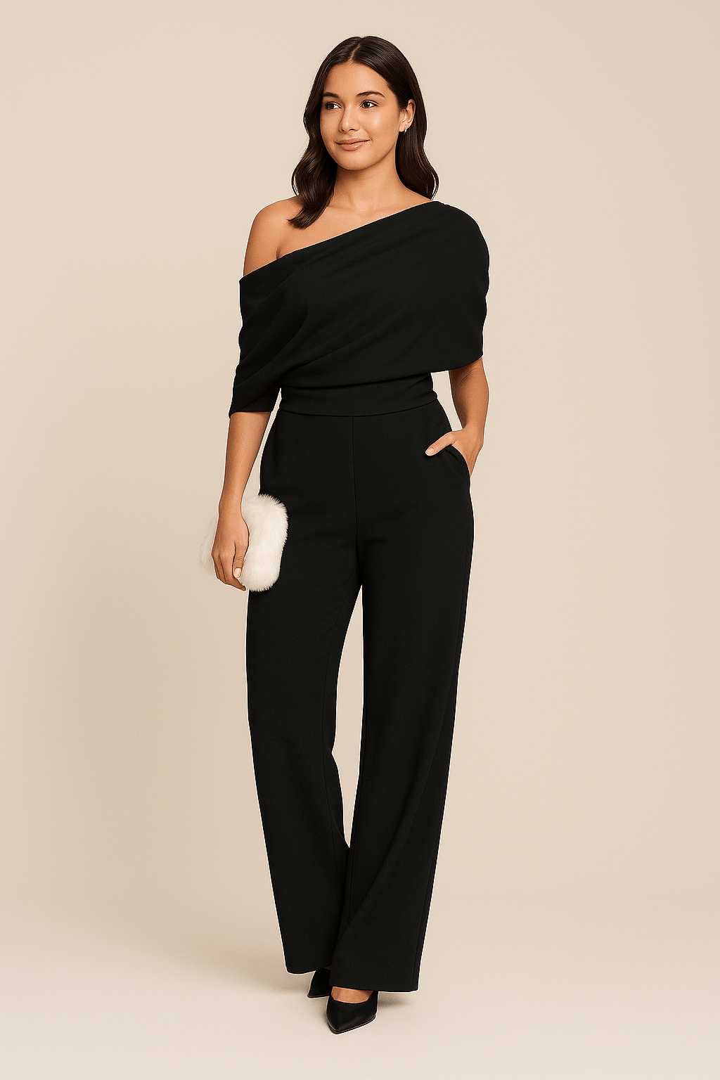 Fashionable women's off-the-shoulder wide-leg jumpsuit with a flattering high waist & draped bodice design.
