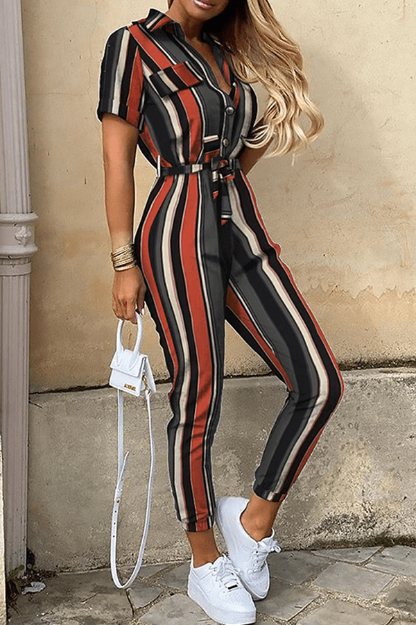 Easy-to-wear one-piece women's jumpsuit with stylish shawl collar and belt for a polished look.