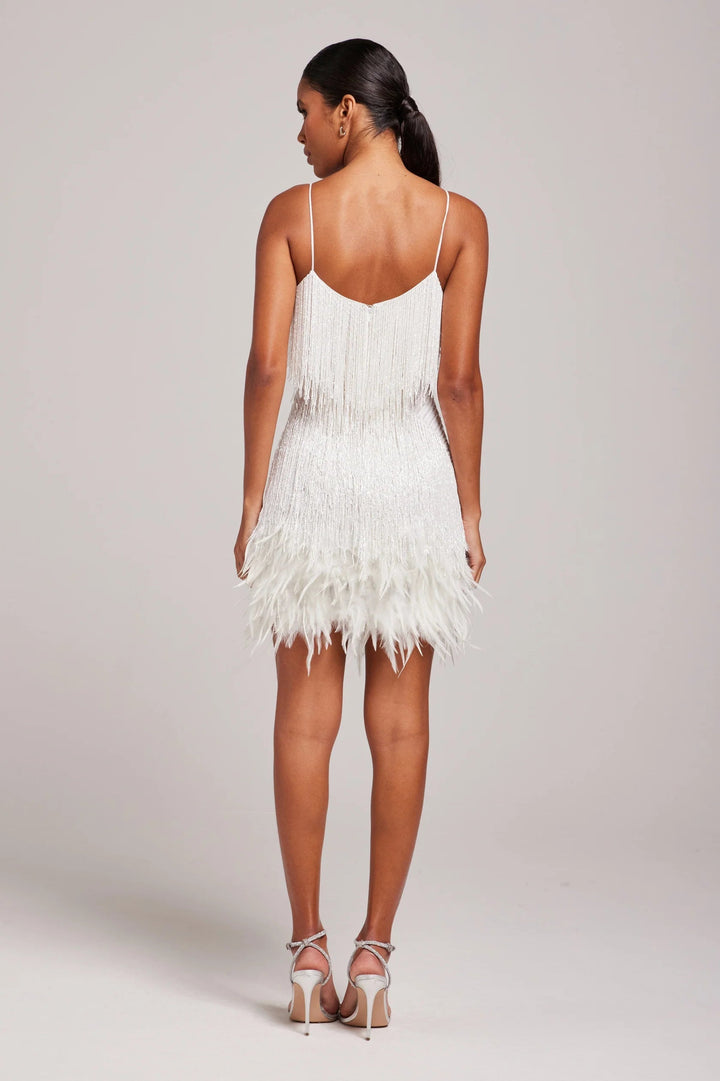 Stylish women's evening dress: sleeveless, adorned with playful fringe, perfect for a glamorous look.