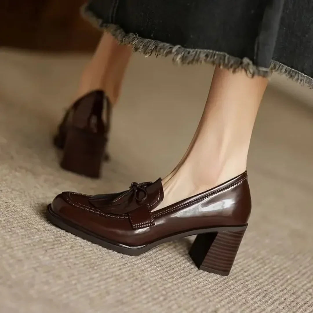 Versatile women's tassel loafer pumps; a perfect blend of comfort with block heel & formal round toe design.