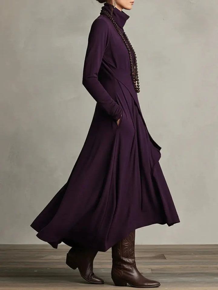 Versatile women's maxi dress featuring a high turtleneck, long sleeves & elegant asymmetric hemline.