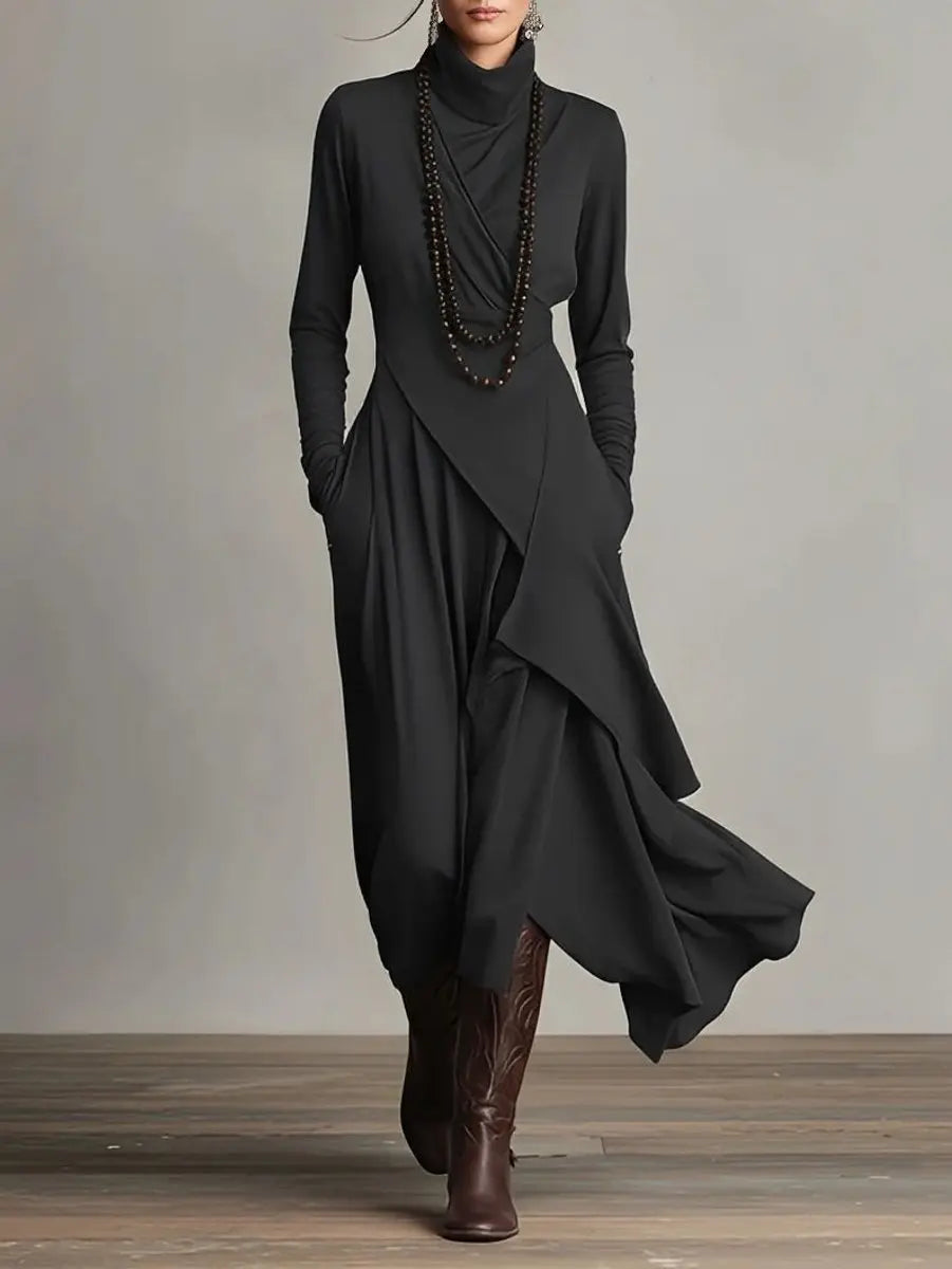 Women's comfortable turtleneck long sleeve maxi dress with a sophisticated draped neck design.