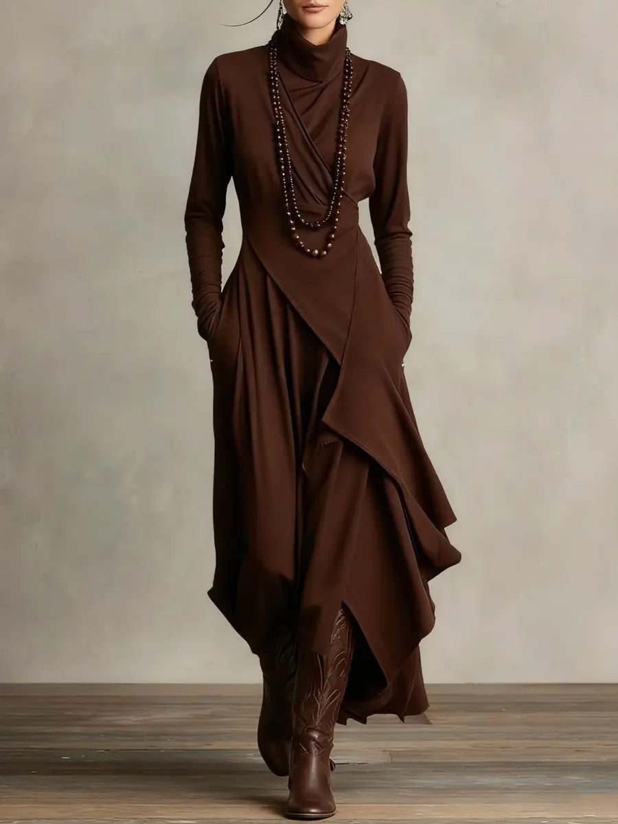 Autumn/winter women's elegant long sleeve turtleneck maxi dress with chic asymmetric hem for a modern look.