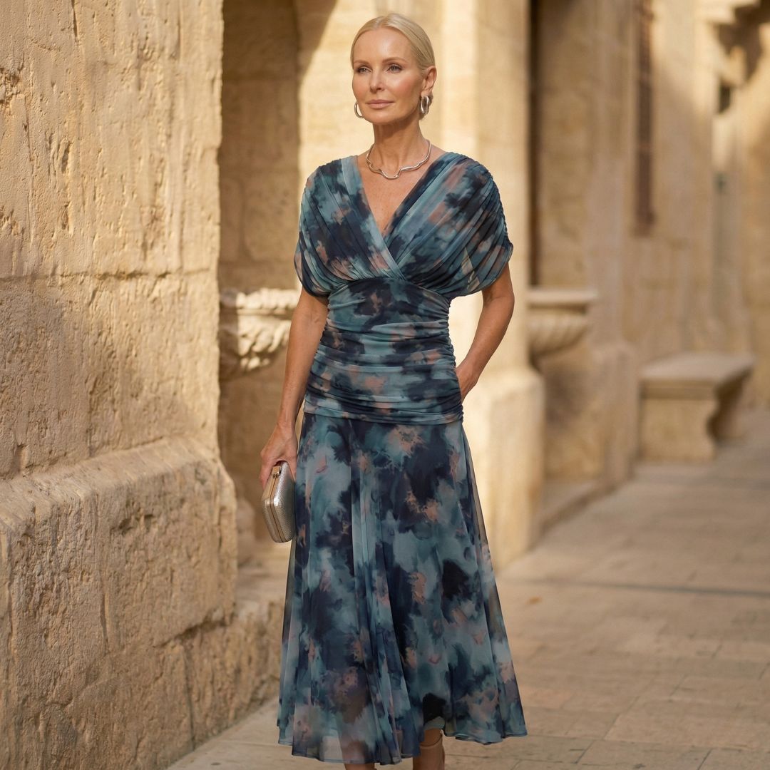Women's elegant blue watercolor flowy maxi dress, perfect for special occasions, features v-neck and batwing sleeves.
