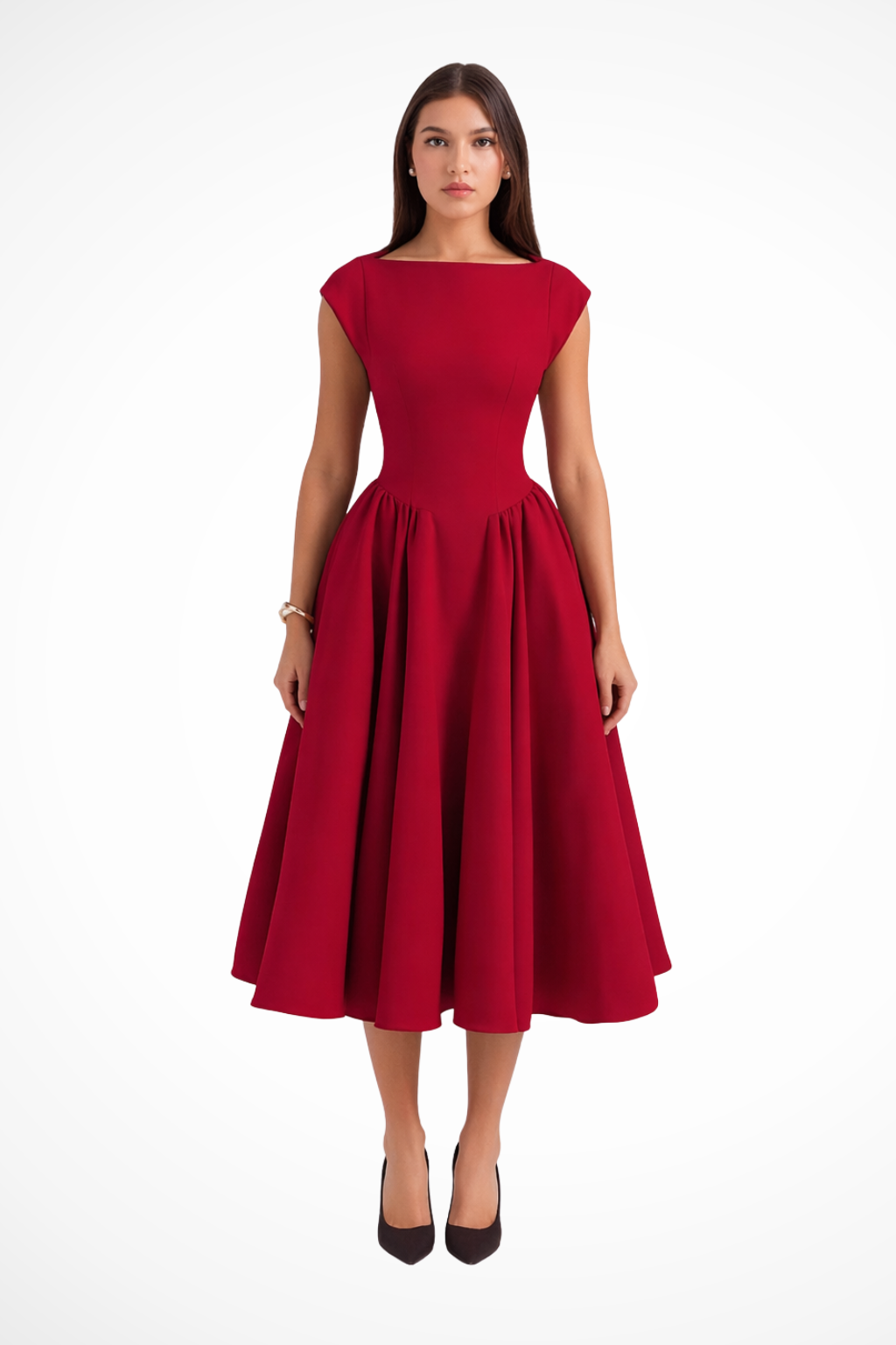 Women's elegant boat neck cap sleeve midi dress, perfect for weddings or cocktail parties.