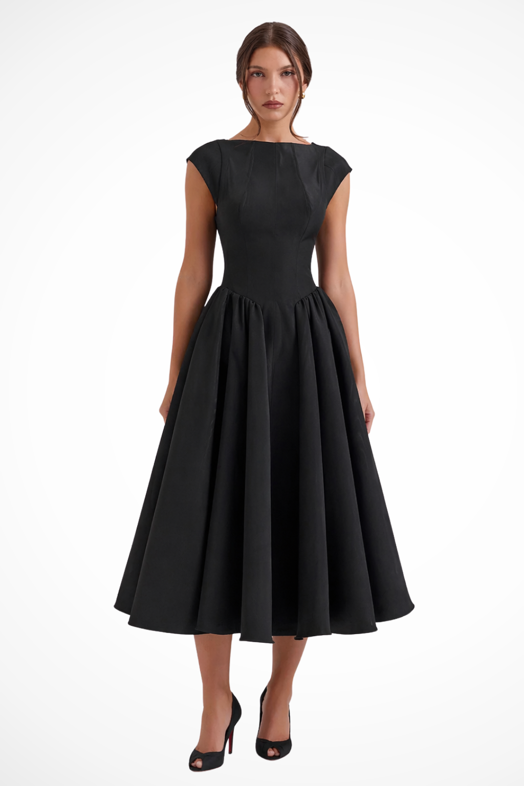 Stylish women's midi wedding guest dress with a boat neck & cap sleeves. Formal party wear.