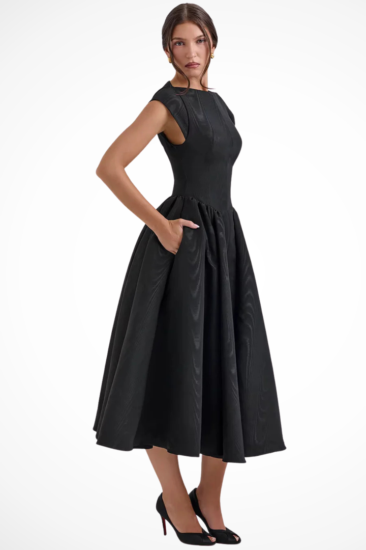 Stunning red boat neck cap sleeve midi dress for women, ideal for weddings, parties & formal events.