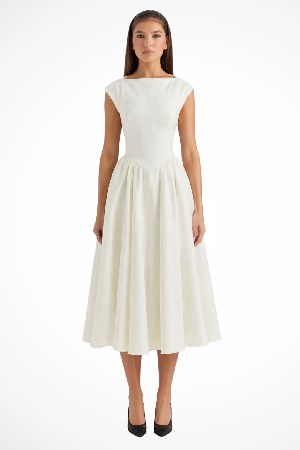 Chic white boat neck cap sleeve midi dress for women, a sophisticated formal or party dress.