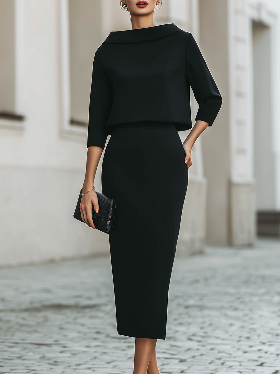 Women's elegant boat-neck top & midi skirt two-piece set for versatile day-to-night wear.