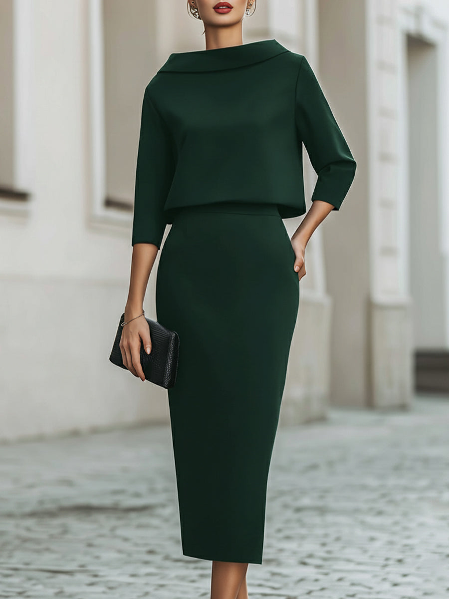 Women's complete two-piece outfit: elegant boat-neck top paired with a versatile midi skirt.