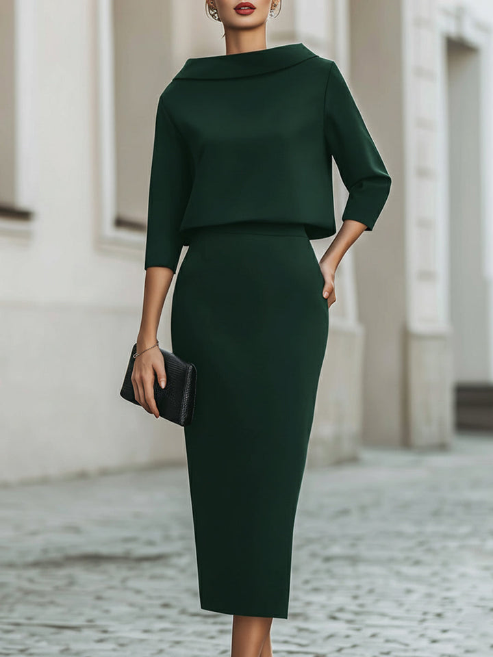 Women's complete two-piece outfit: elegant boat-neck top paired with a versatile midi skirt.