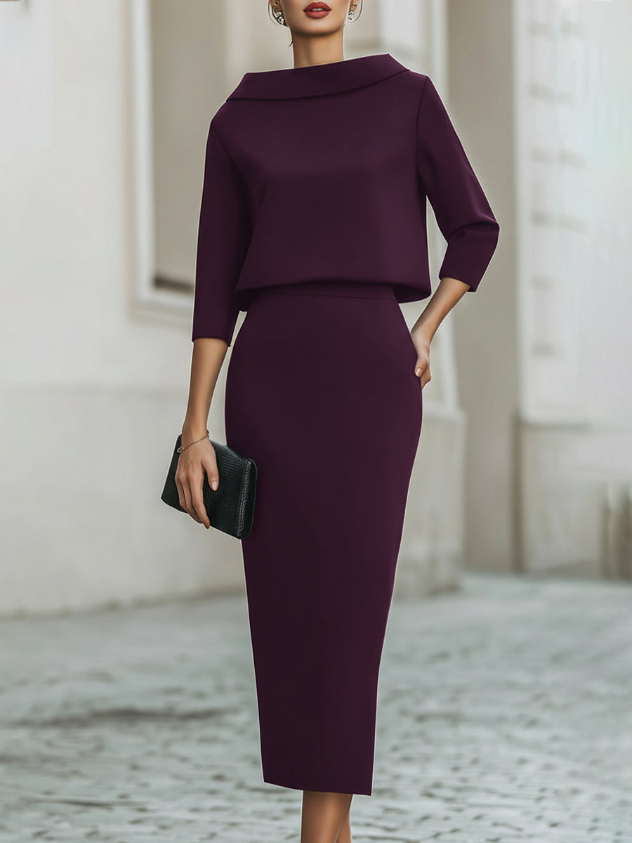 Women's day-to-night two-piece set with a flattering boat-neck top and elegant midi skirt.