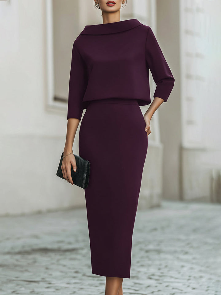 Women's day-to-night two-piece set with a flattering boat-neck top and elegant midi skirt.