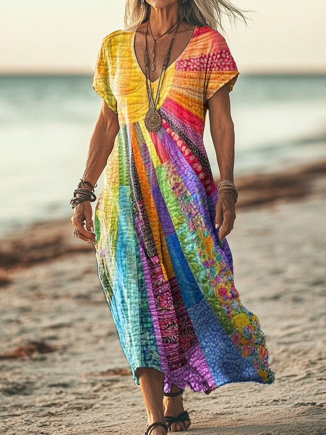 Comfortable women's summer bohemian dress featuring a stylish sun design. Ideal for casual elegance & everyday fashion.
