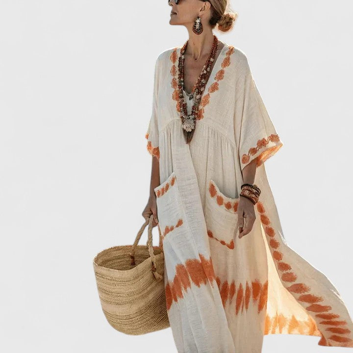 Flowy bohemian maxi dress for women with V-neck, elegant & comfortable. Perfect summer casual and vacation dress.