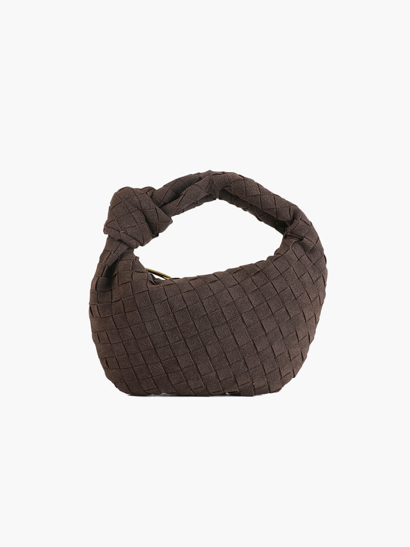 Women's elegant braided suede mini handbag with chic knot detail.
