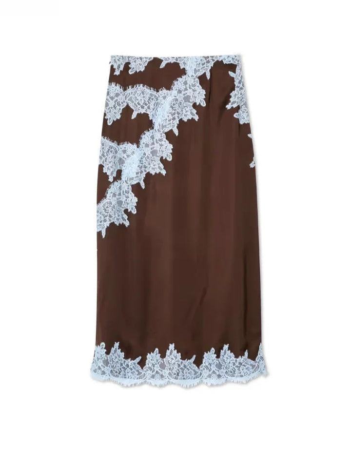Women's brown lace panel maxi skirt & halter top set. Elegant two-piece summer outfit.