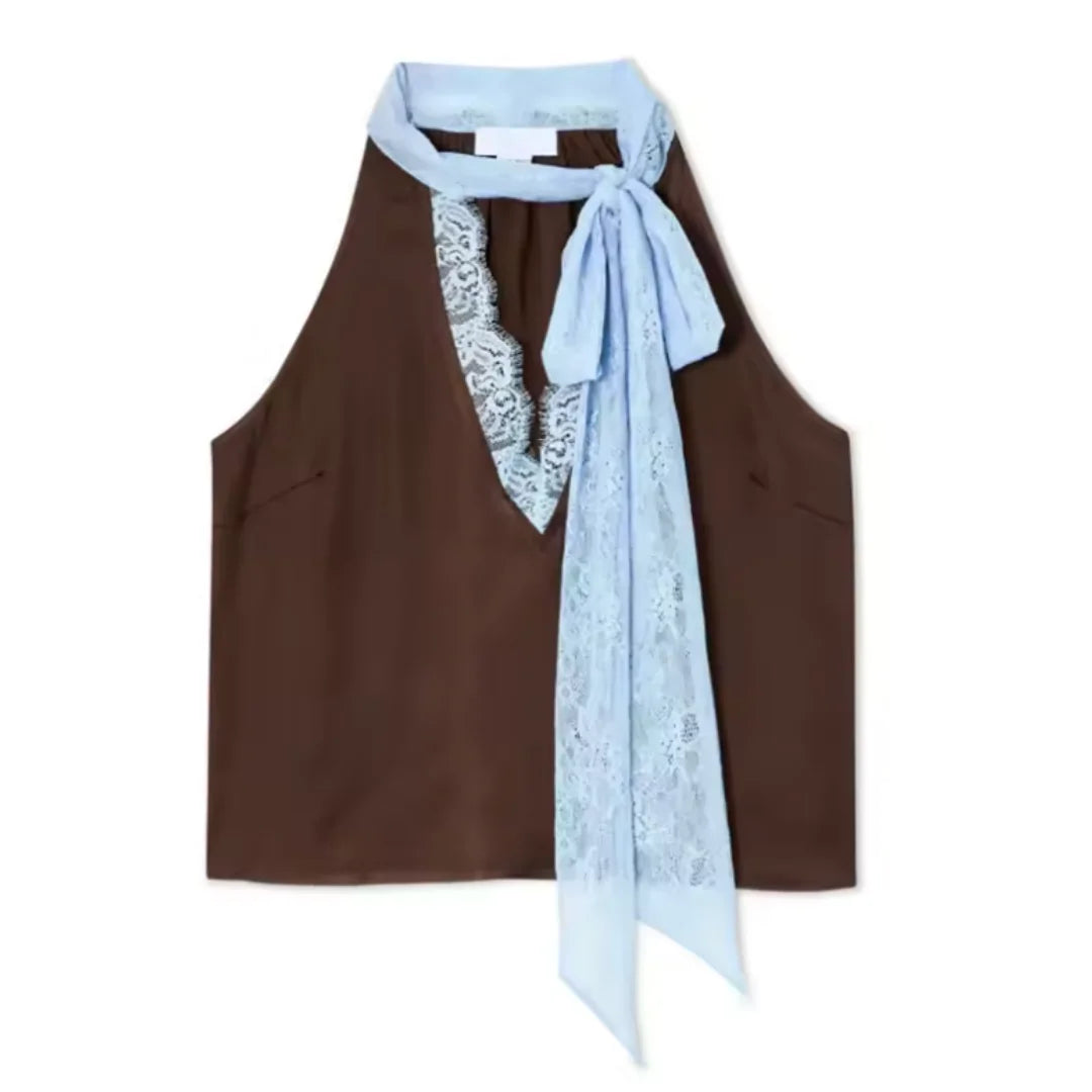 Versatile brown lace panel maxi skirt & halter top set. Women's chic two-piece for summer or parties.