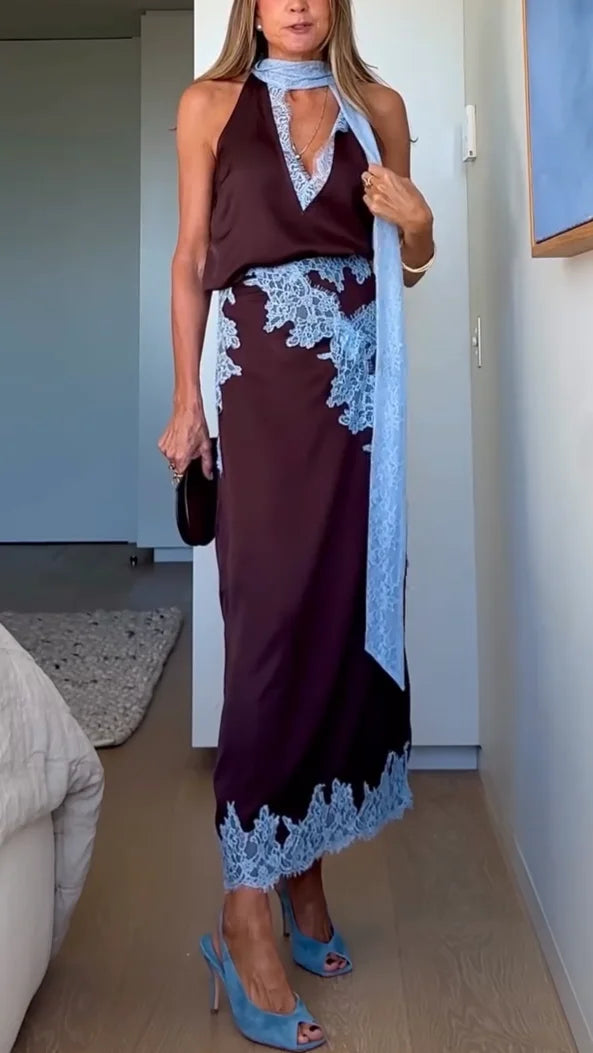 Elegant women's brown lace panel two-piece set. Halter top and maxi skirt for chic party wear.
