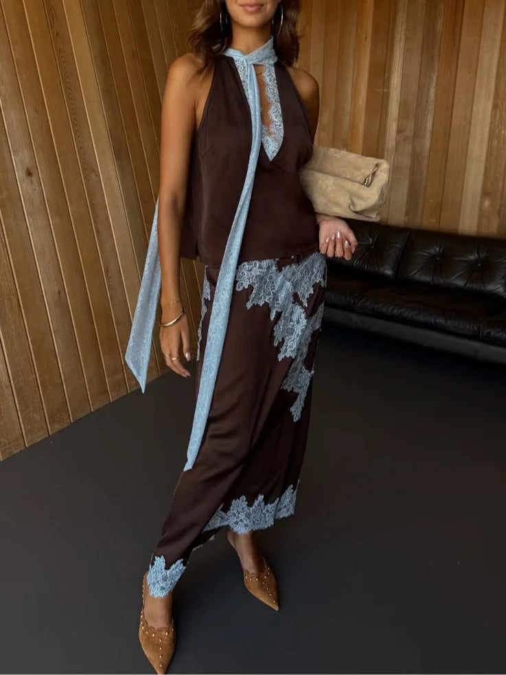 Flowing brown lace panel maxi skirt & comfortable halter top. Women's elegant two-piece summer outfit.