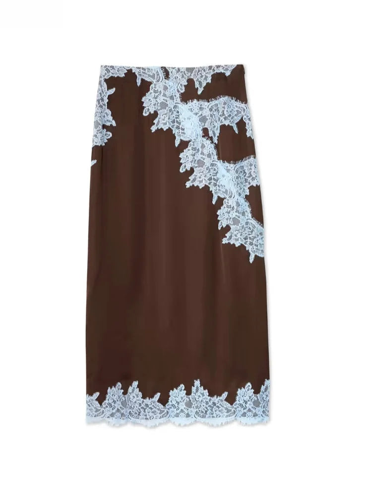 Trendy brown lace panel maxi skirt & halter top set. Women's chic two-piece fashion for summer events.