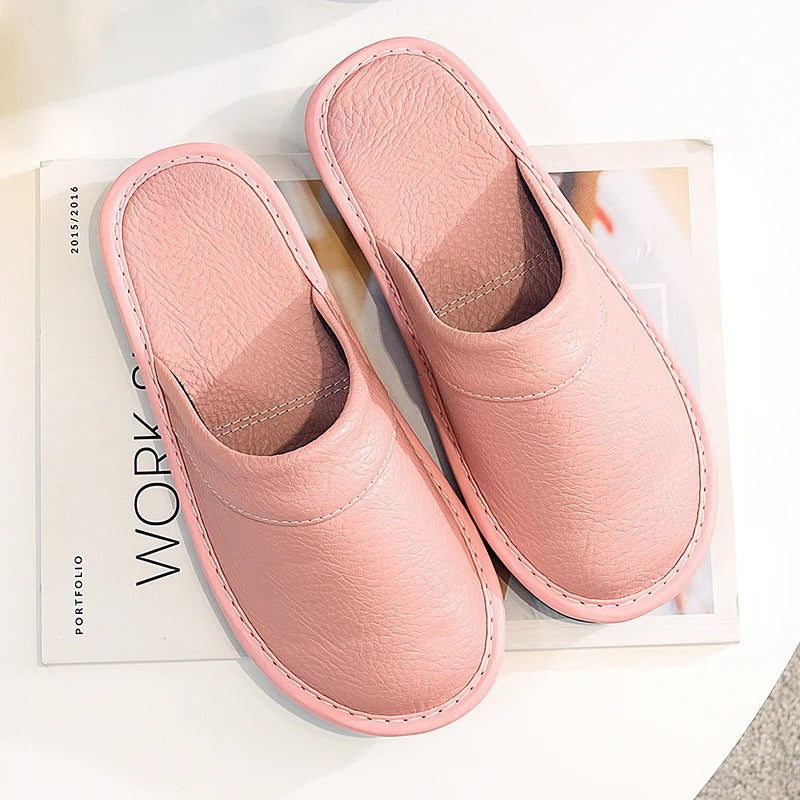 Cozy and comfortable brown leather slip-on shoes for women's home wear.