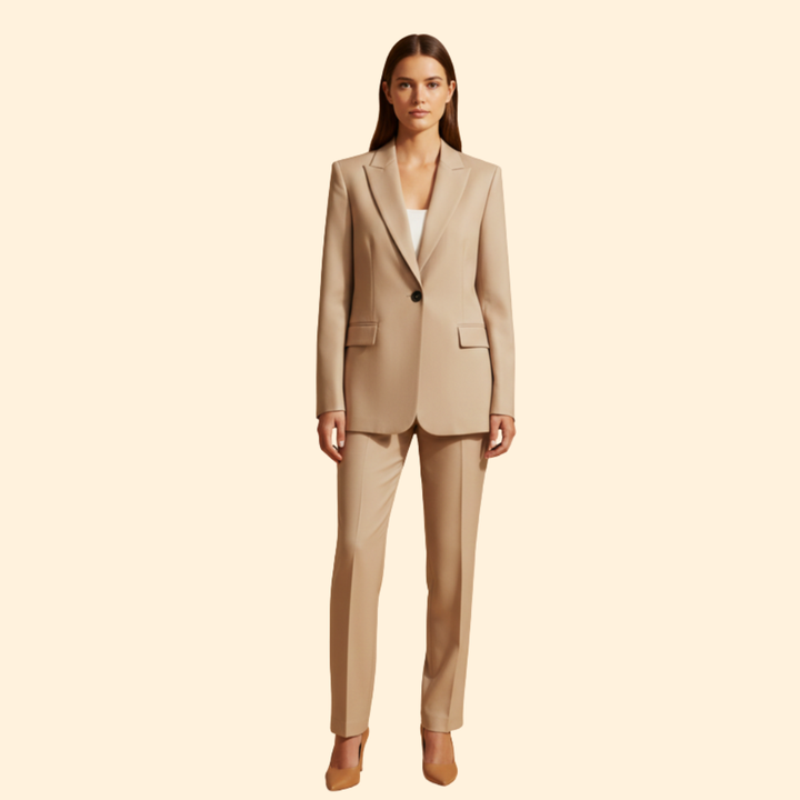 Chic women's two-piece business suit with a fitted blazer and classic trousers for formal wear.