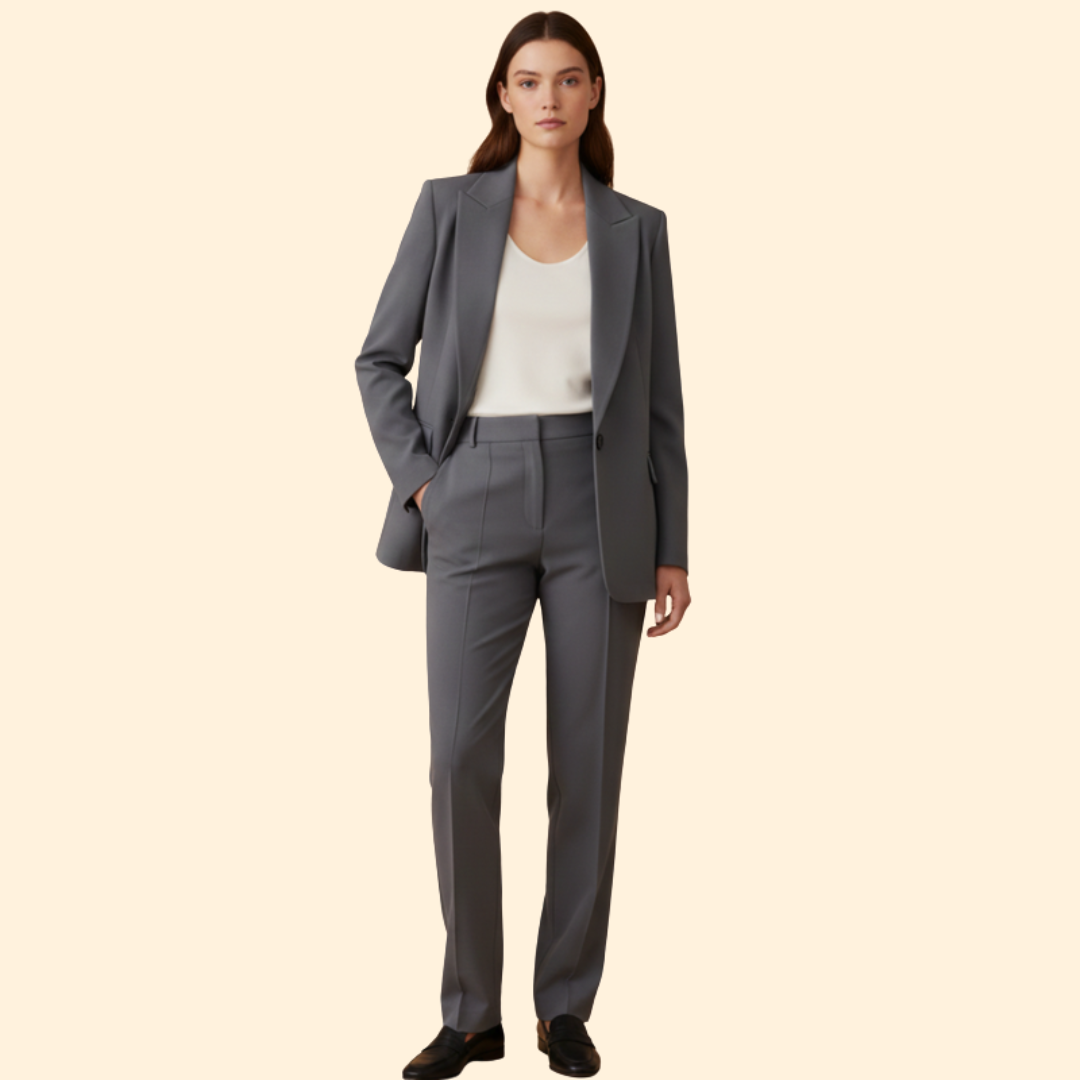 Elegant women's power suit: a chic blazer and comfortable trousers for a sharp business look.